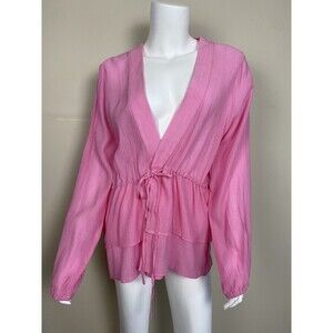 ICHI Betty Long Sleeve Belted Blouse Cover Up In Aurora Pink Size 40 M